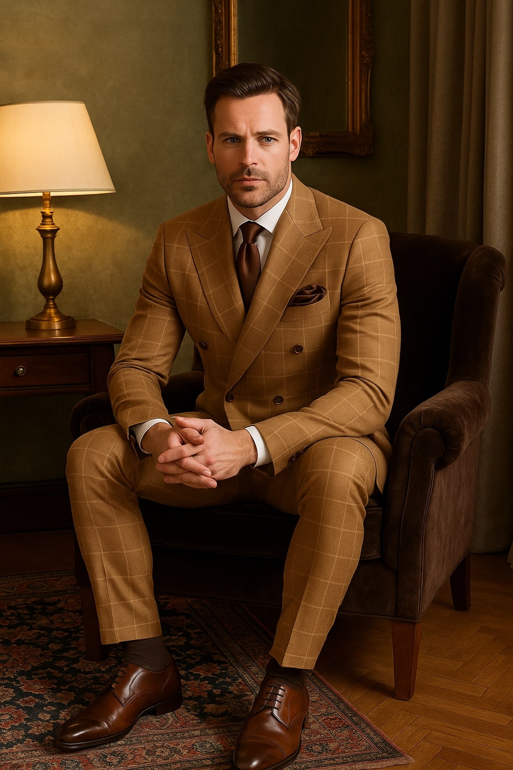 Tan Windowpane Plaid Suit ?? Rossiman Double-Breasted Men??s Two-Piece in Camel