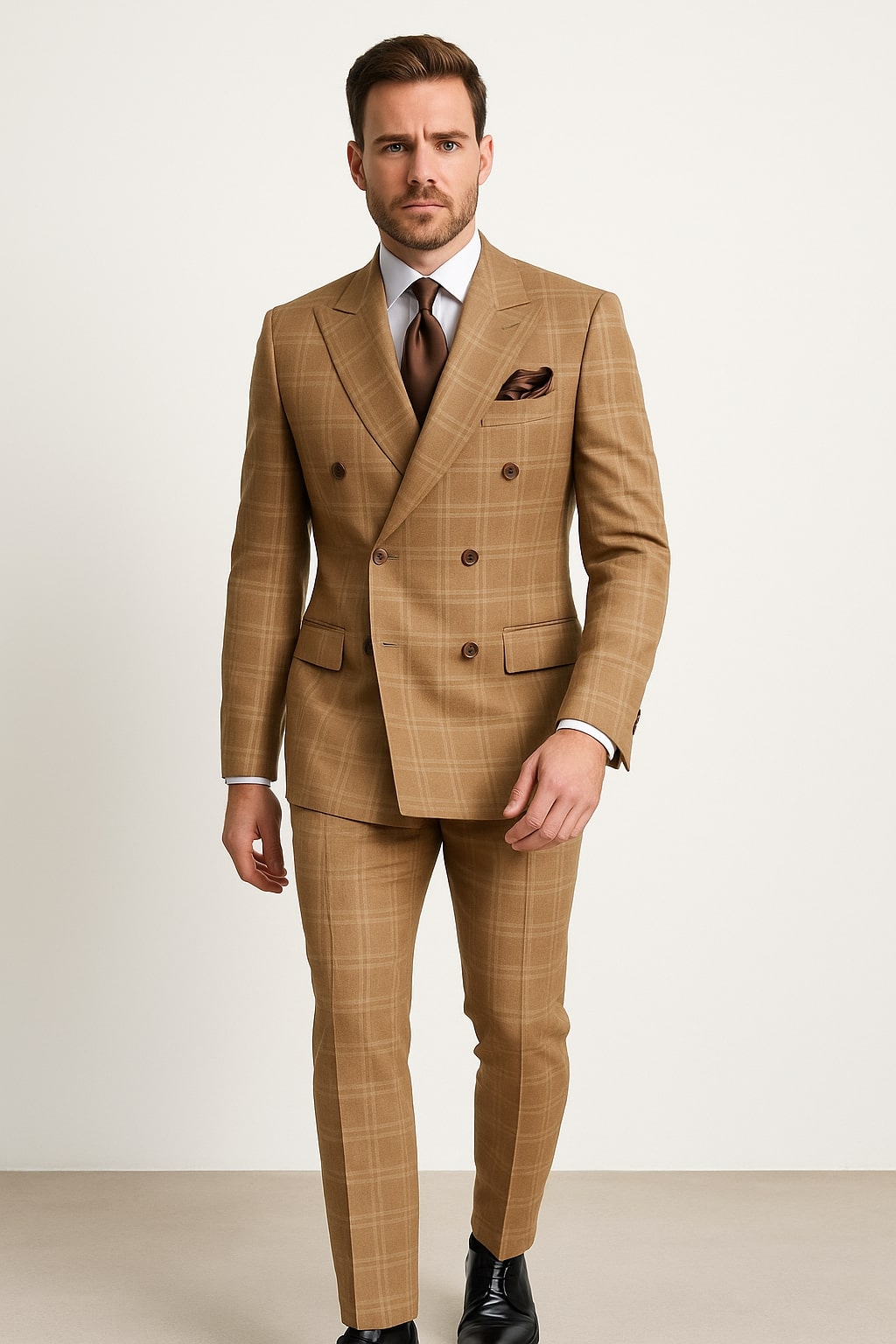 Tan Windowpane Plaid Suit ?? Rossiman Double-Breasted Men??s Two-Piece in Camel