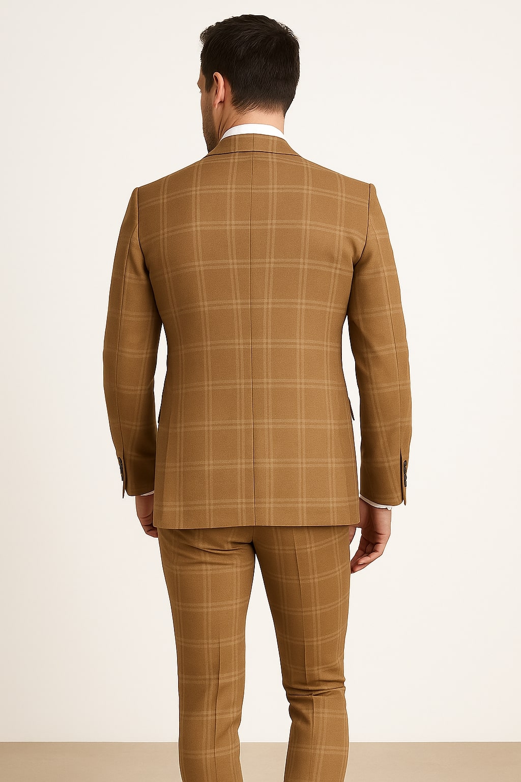 Tan Windowpane Plaid Suit ?? Rossiman Double-Breasted Men??s Two-Piece in Camel