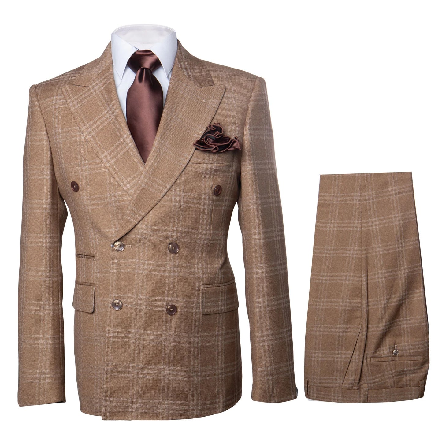 Men's Tan Plaid Double-Breasted Suit  Classic Windowpane Two-Piece Formal Suit - Camel Color Suit By Rossiman