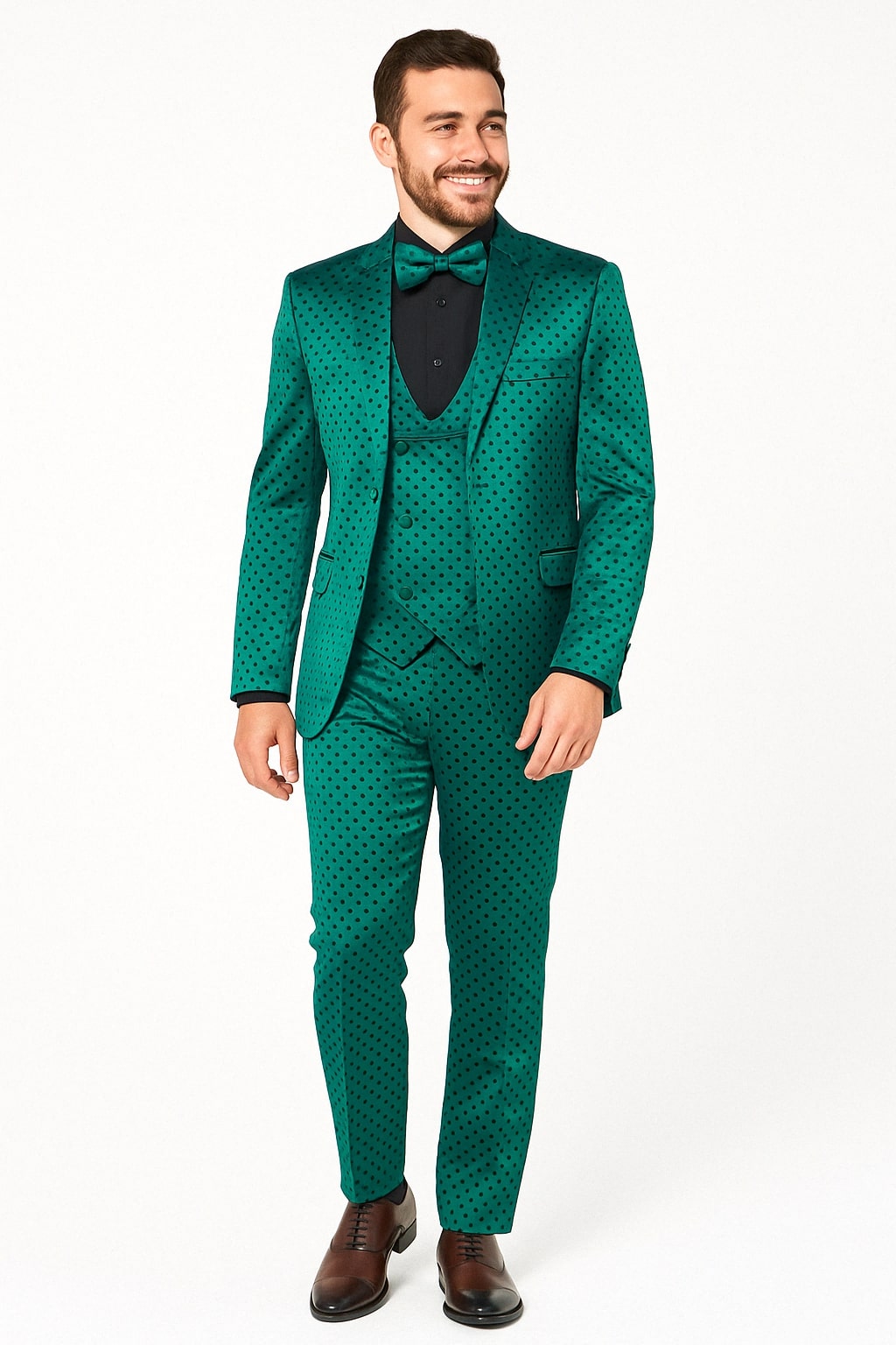 Men's Teal Green Polka Dot Tuxedo with Matching Vest and Bow Tie