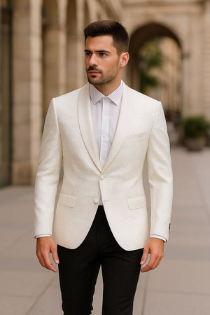 Men's White Tuxedo Dinner Jacket  Swirl Pattern Tuxedo Jacket with White Satin Shawl Lapel - Paisley Pattern