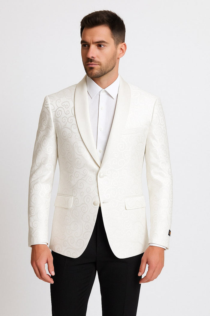 Men's White Tuxedo Dinner Jacket  Swirl Pattern Tuxedo Jacket with White Satin Shawl Lapel - Paisley Pattern