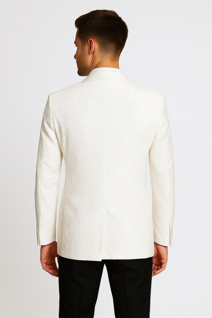 Men's White Tuxedo Dinner Jacket  Swirl Pattern Tuxedo Jacket with White Satin Shawl Lapel - Paisley Pattern