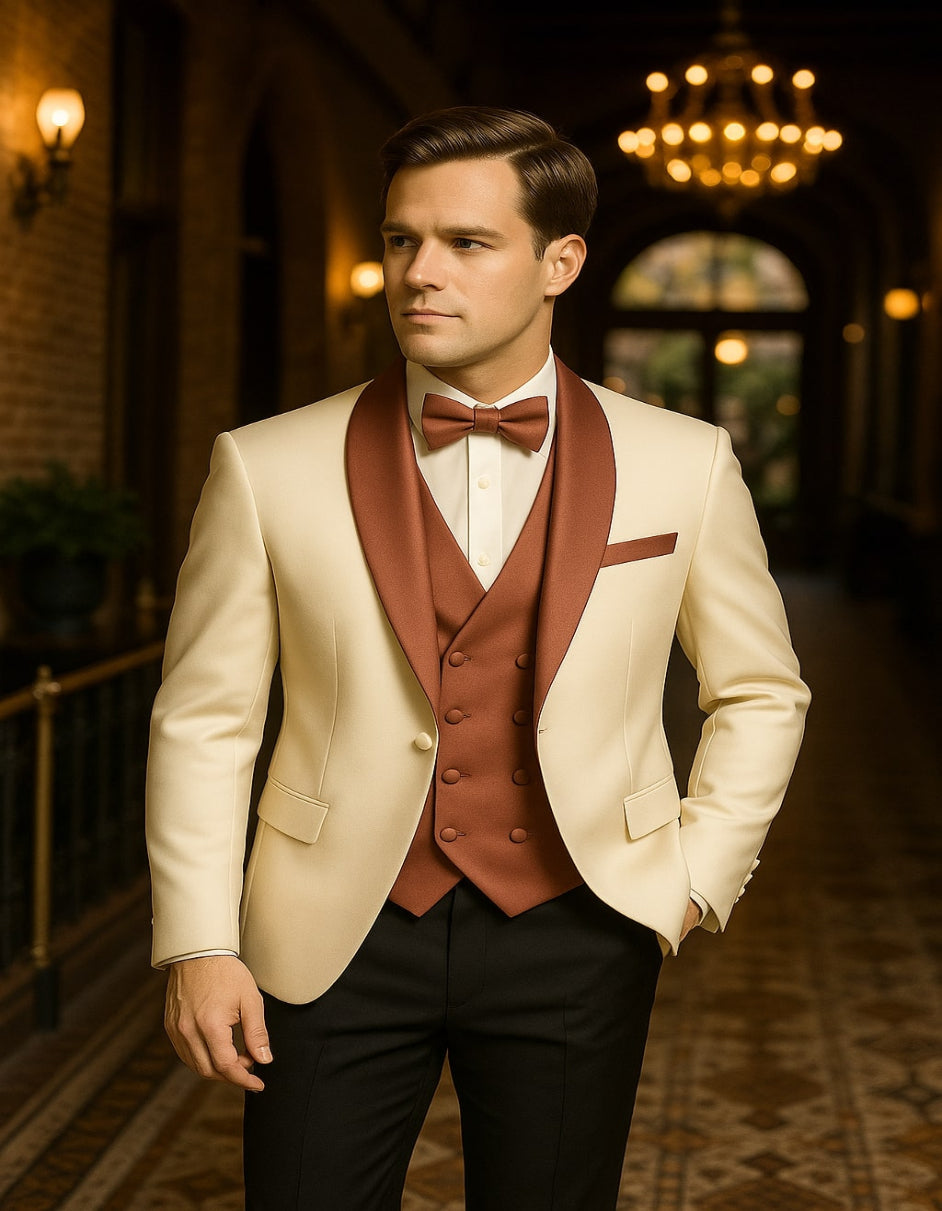 Men's White and Rose Gold Tuxedo with Mauve Satin Vest and Bow Tie  Elegant Formalwear for Weddings and Events
