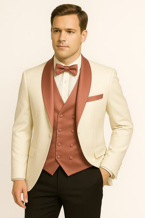 Men's White and Rose Gold Tuxedo with Mauve Satin Vest and Bow Tie  Elegant Formalwear for Weddings and Events