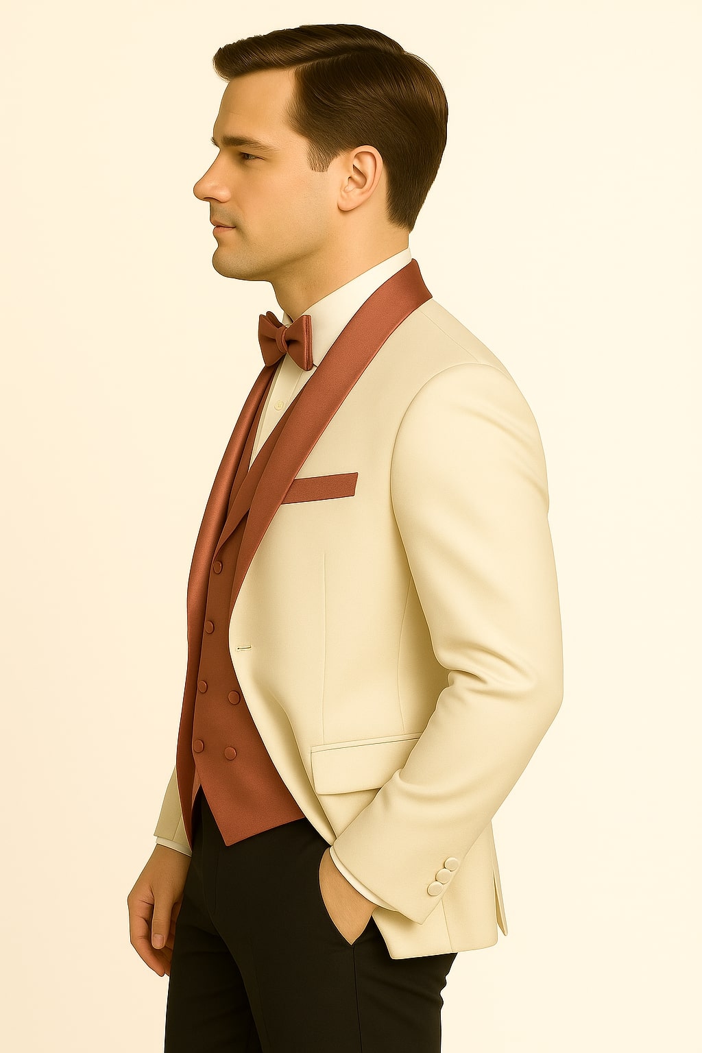 Men's White and Rose Gold Tuxedo with Mauve Satin Vest and Bow Tie  Elegant Formalwear for Weddings and Events