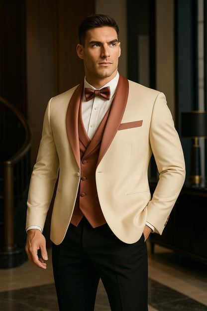 Men's White and Rose Gold Tuxedo with Mauve Satin Vest and Bow Tie  Elegant Formalwear for Weddings and Events
