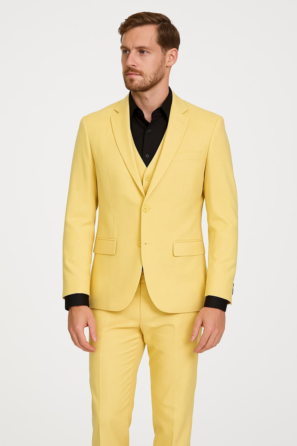 Men's Yellow 3-Piece Suit with Black Dress Shirt  Modern Slim Fit Formal Attire
