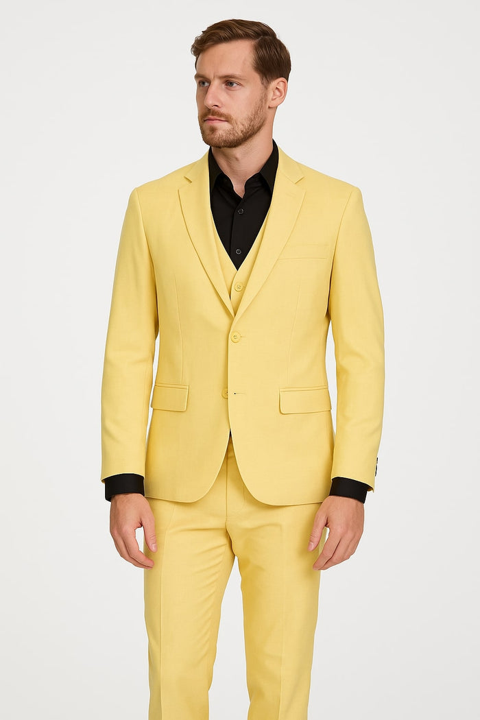 Men's Yellow 3-Piece Suit with Black Dress Shirt  Modern Slim Fit Formal Attire
