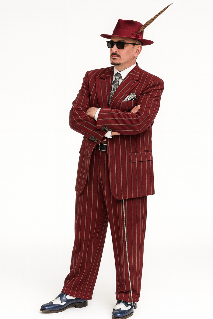 Burgundy Pinstripe Zoot Suit  3 Piece 1920s/1930s Gangster Outfit (Jacket and Pants and Vest) Vintage Fashion