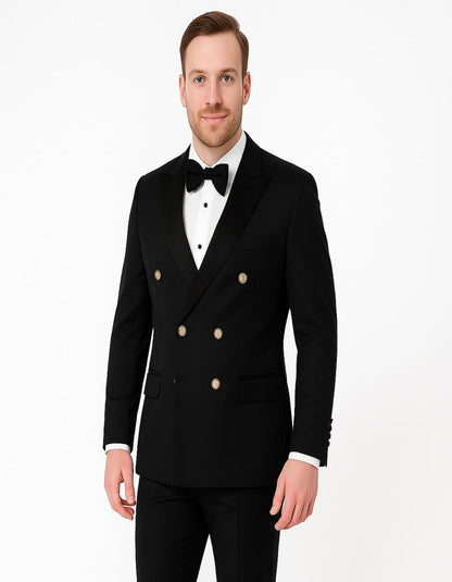 Mens Black Double-Breasted Tuxedo  Classic Shawl Lapel Suit with Gold Buttons for Weddings, Galas, and Black Tie Events