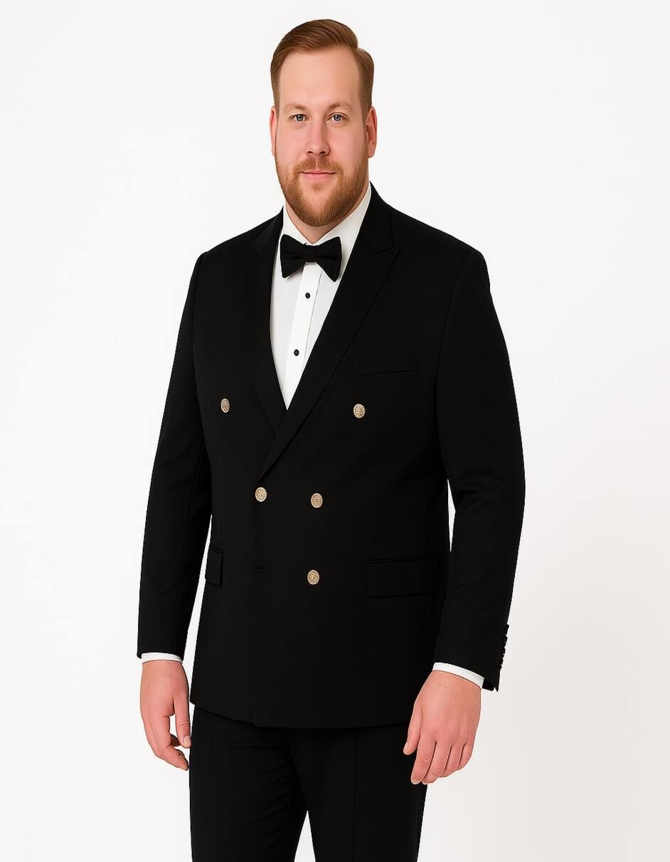 Mens Black Double-Breasted Tuxedo  Classic Shawl Lapel Suit with Gold Buttons for Weddings, Galas, and Black Tie Events