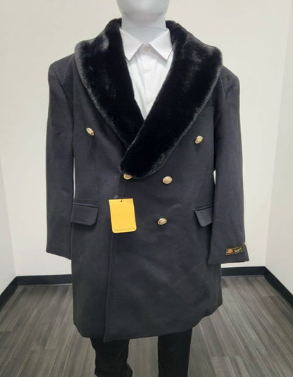 Mens Black Double-Breasted Overcoat with Faux Fur Collar and Gold Buttons