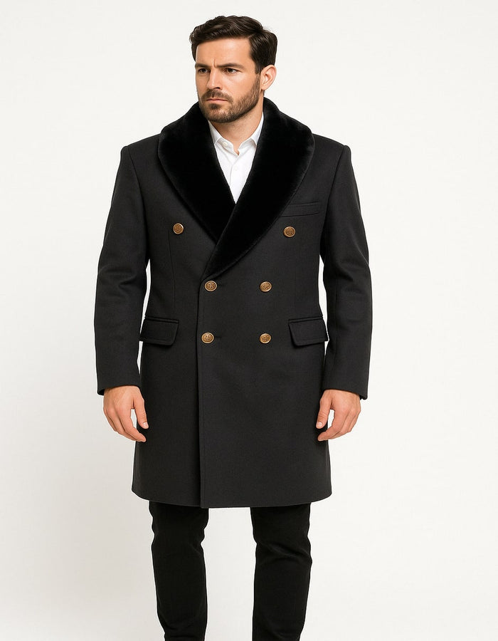 Mens Black Double-Breasted Overcoat with Faux Fur Collar and Gold Buttons