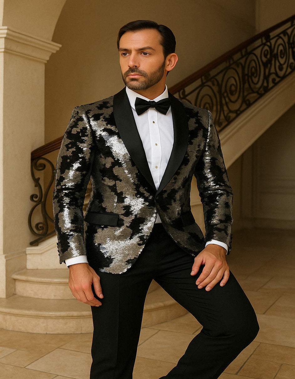 Black & Silver Gray Sequin Tuxedo Jacket for Men  Paired with Black Pants