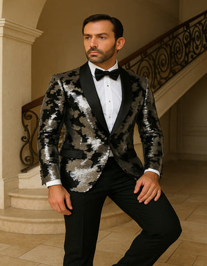 Black & Silver Gray Sequin Tuxedo Jacket for Men  Paired with Black Pants