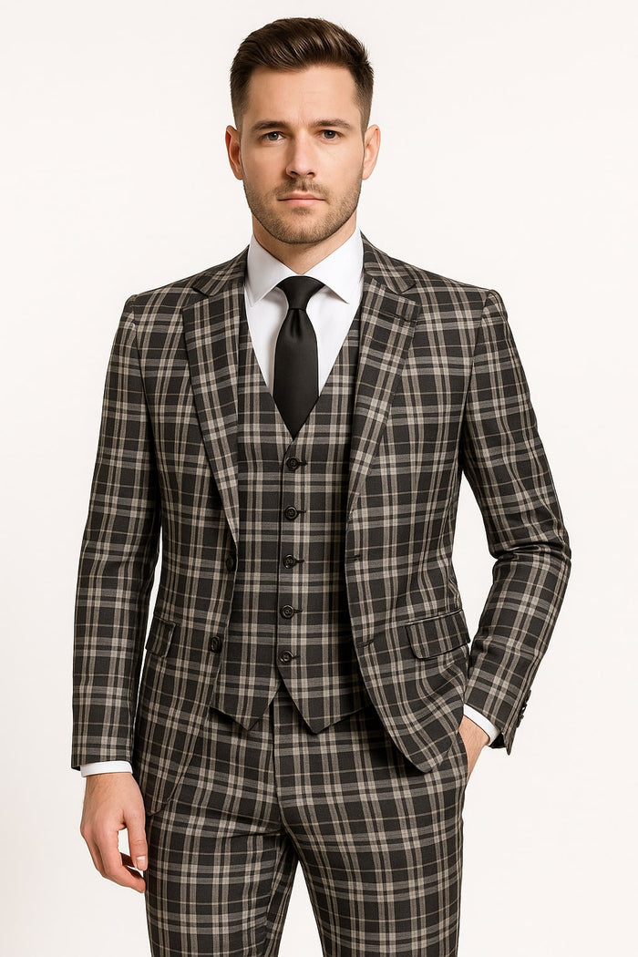 Men's Black and White Plaid Three-Piece Suit  Modern Slim Fit Tuxedo for Church and Business
