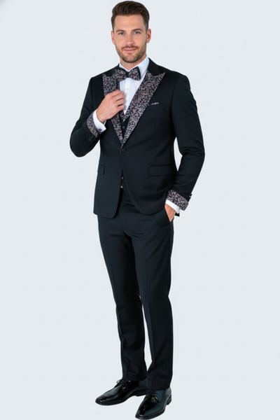 Men's Black and White Silver Embellished Tuxedo Suit  Bowtie 3-Piece Formal Wedding, Prom, and Gala Outfit