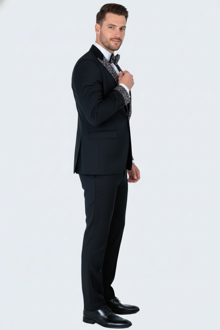 Men's Black and White Silver Embellished Tuxedo Suit  Bowtie 3-Piece Formal Wedding, Prom, and Gala Outfit