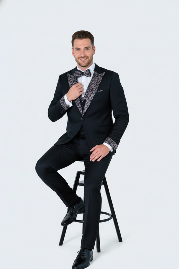 Men's Black and White Silver Embellished Tuxedo Suit  Bowtie 3-Piece Formal Wedding, Prom, and Gala Outfit
