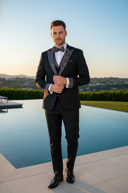 Men's Black and White Silver Embellished Tuxedo Suit  Bowtie 3-Piece Formal Wedding, Prom, and Gala Outfit