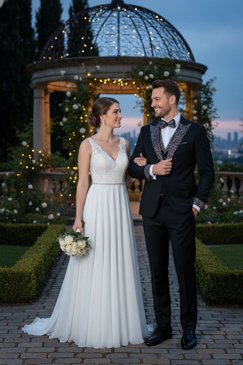 Men's Black and White Silver Embellished Tuxedo Suit  Bowtie 3-Piece Formal Wedding, Prom, and Gala Outfit