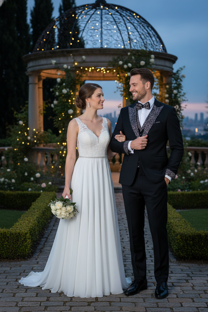 Men's Black and White Silver Embellished Tuxedo Suit  Bowtie 3-Piece Formal Wedding, Prom, and Gala Outfit