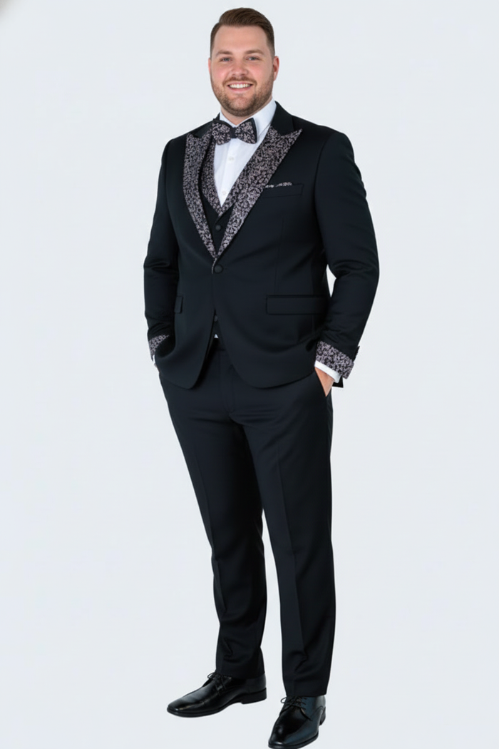 Men's Black and White Silver Embellished Tuxedo Suit  Bowtie 3-Piece Formal Wedding, Prom, and Gala Outfit