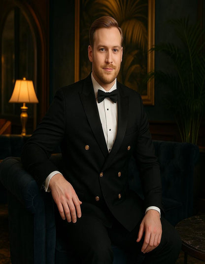 Mens Black Double-Breasted Tuxedo  Classic Shawl Lapel Suit with Gold Buttons for Weddings, Galas, and Black Tie Events