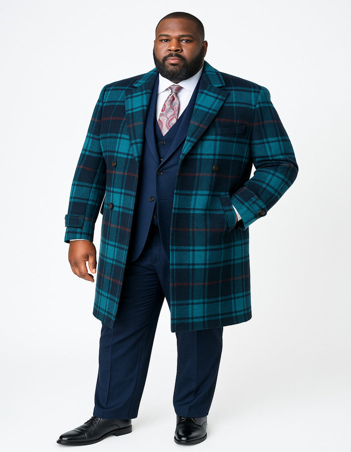 Men's Blue Plaid Wool Overcoat  Double-Breasted Long Winter Coat with Wide Lapel - Full Length