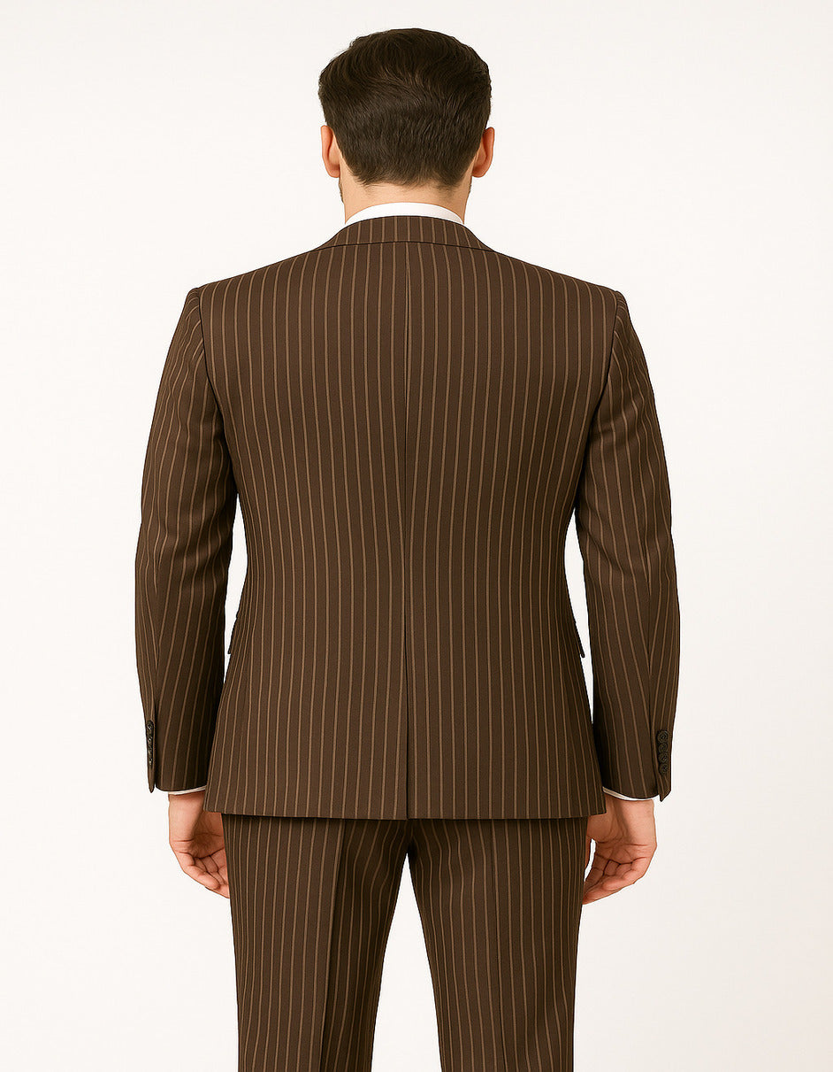 Men's Brown Pinstripe 3-Piece Suit with Matching Vest – Classic Fit Business and Formal Attire