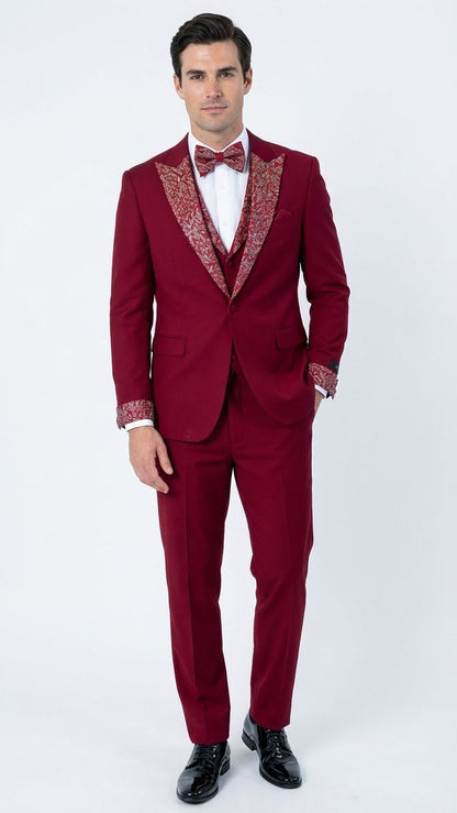 Men's Burgundy and White Embellished Tuxedo Suit  Slim Fit 3-Piece Formal Wedding, Prom, and Gala Outfit