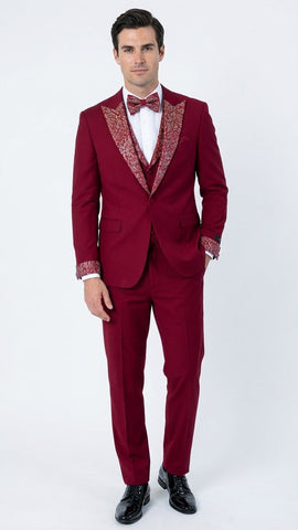 Men's Burgundy and White Embellished Tuxedo Suit – Slim Fit 3-Piece Formal Wedding, Prom, and Gala Outfit