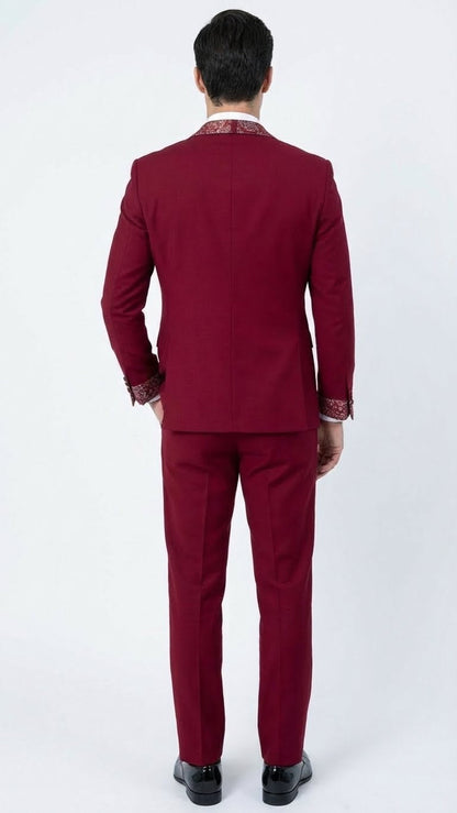 Men's Burgundy and White Embellished Tuxedo Suit  Slim Fit 3-Piece Formal Wedding, Prom, and Gala Outfit