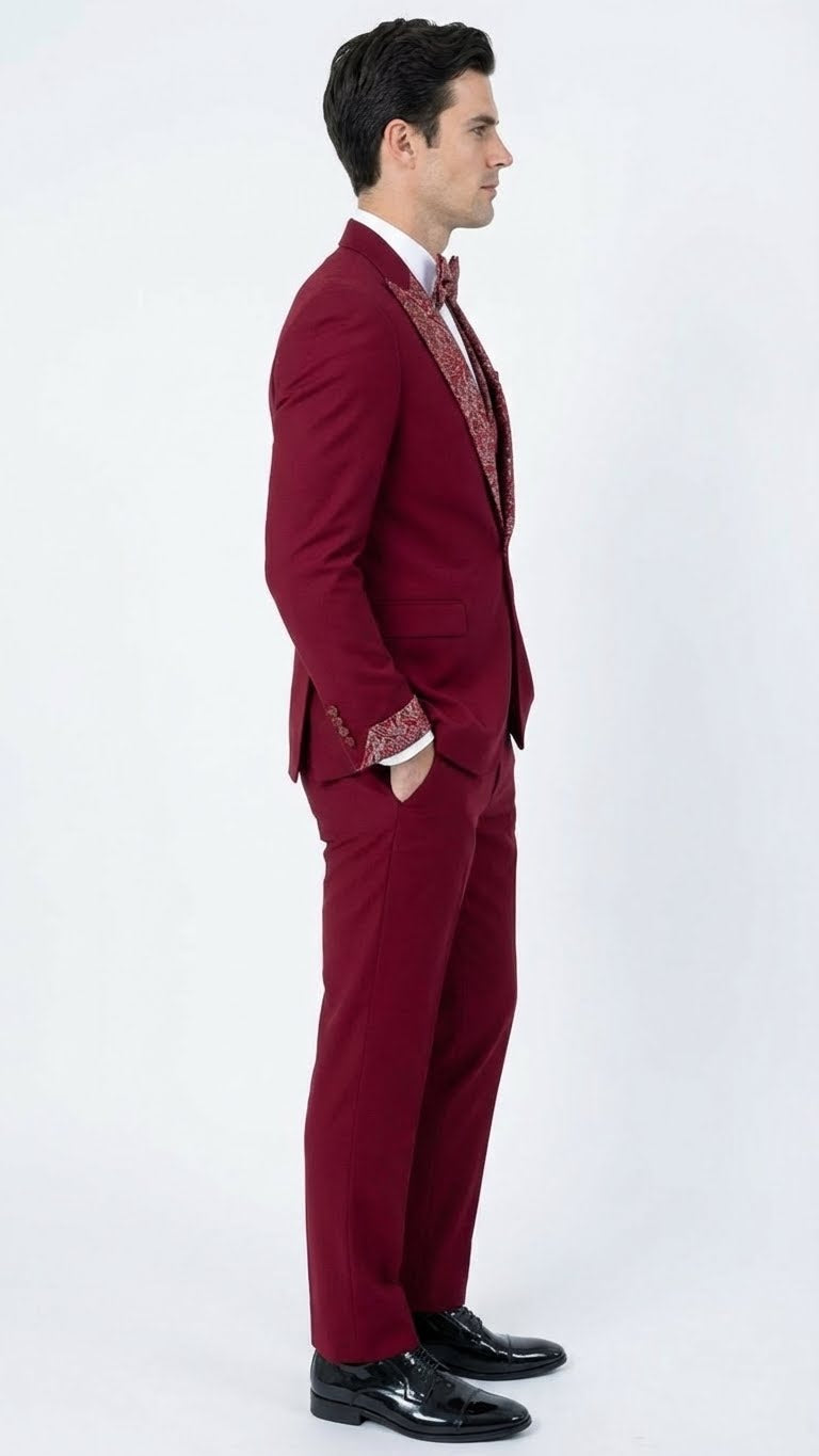 Men's Burgundy and White Embellished Tuxedo Suit  Slim Fit 3-Piece Formal Wedding, Prom, and Gala Outfit