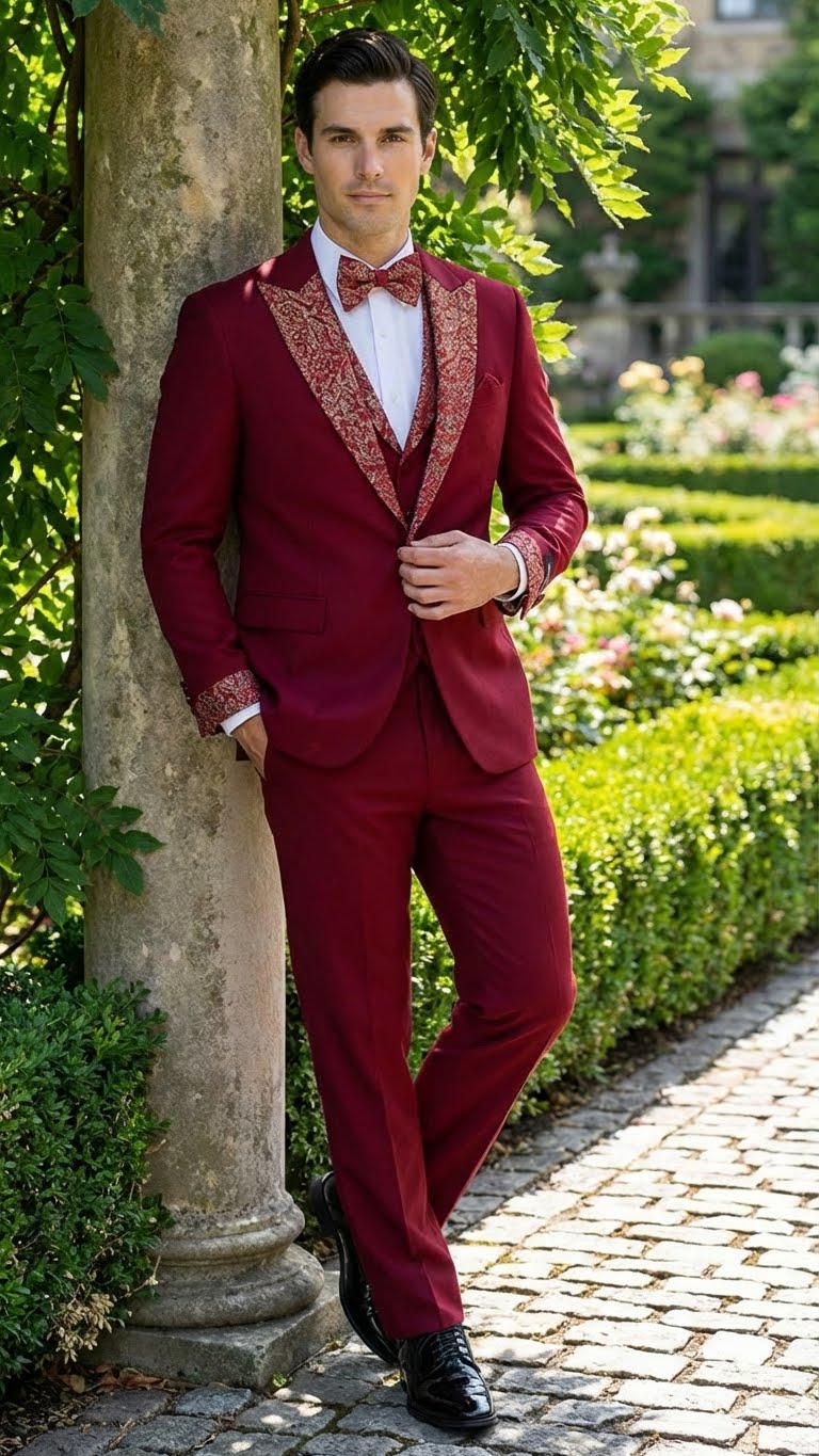Men's Burgundy and White Embellished Tuxedo Suit  Slim Fit 3-Piece Formal Wedding, Prom, and Gala Outfit