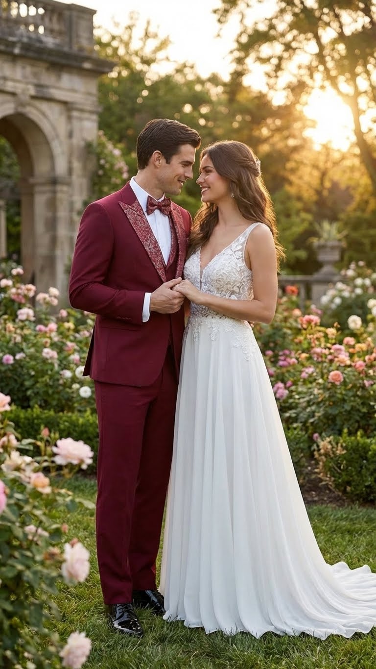 Men's Burgundy and White Embellished Tuxedo Suit  Slim Fit 3-Piece Formal Wedding, Prom, and Gala Outfit