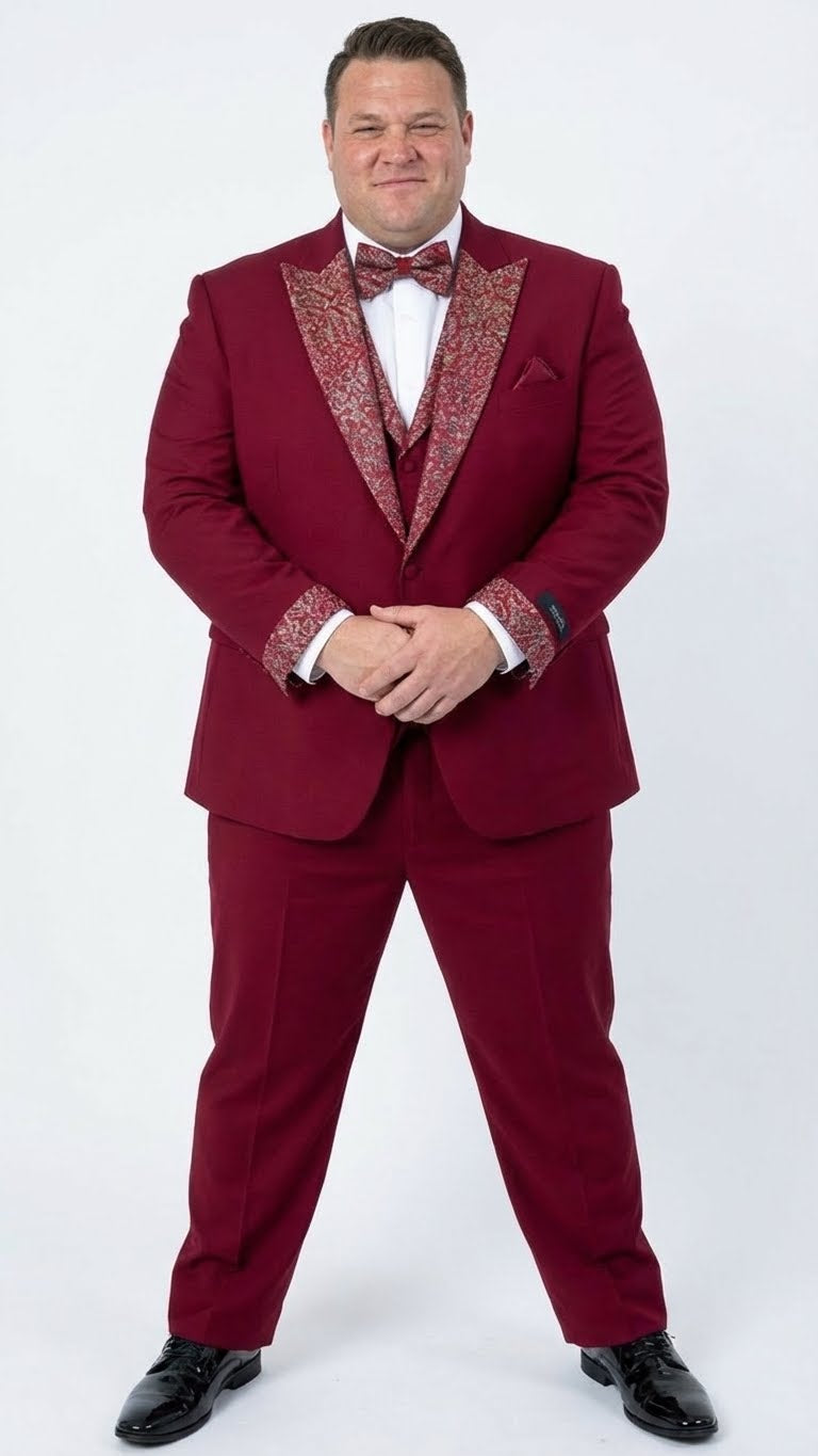 Men's Burgundy and White Embellished Tuxedo Suit  Slim Fit 3-Piece Formal Wedding, Prom, and Gala Outfit