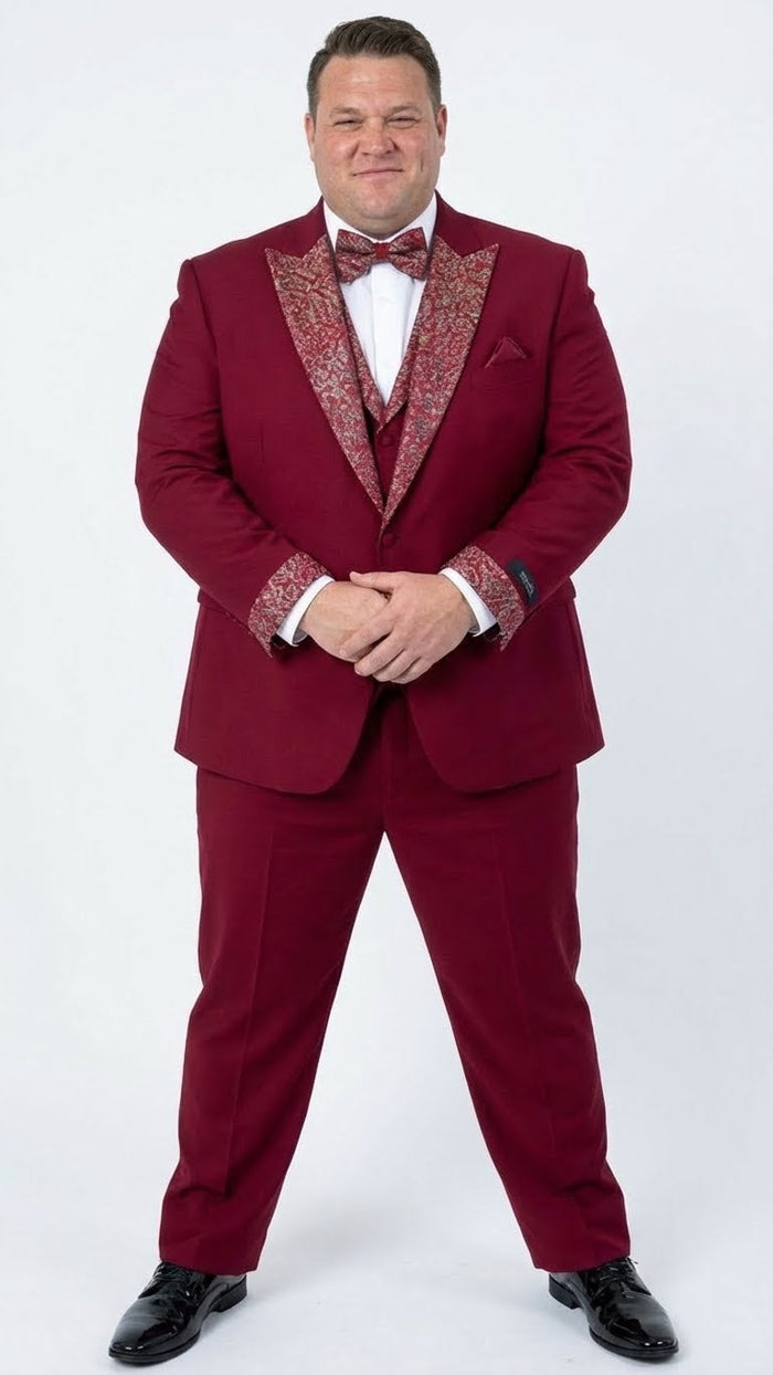 Men's Burgundy and White Embellished Tuxedo Suit  Slim Fit 3-Piece Formal Wedding, Prom, and Gala Outfit