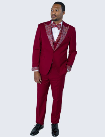 Men's Burgundy and White Embellished Tuxedo Suit  Slim Fit 3-Piece Formal Wedding, Prom, and Gala Outfit