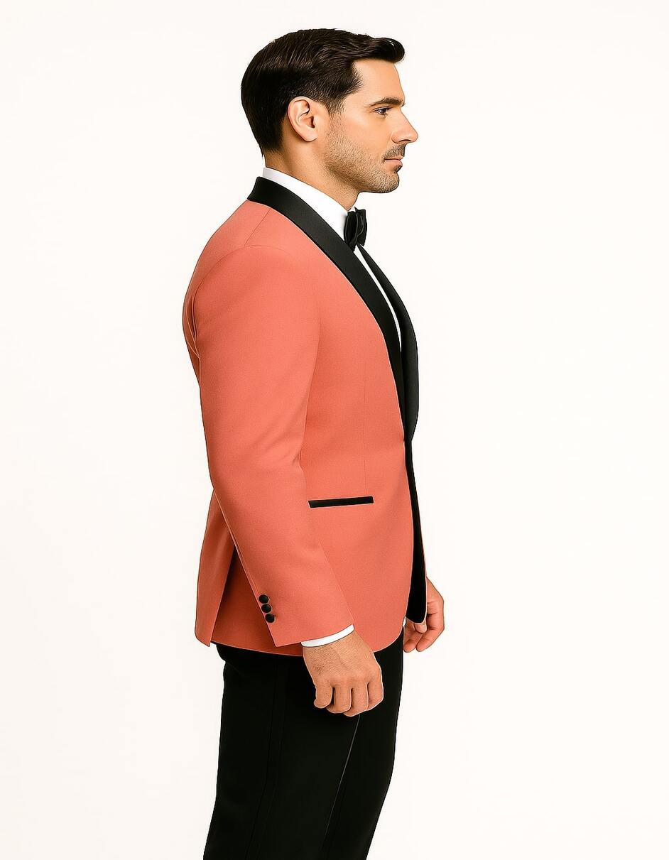 Mens Coral Pink Tuxedo Jacket with Black Satin Shawl Lapel Velvet Fabric  Modern Slim Fit Formal Blazer