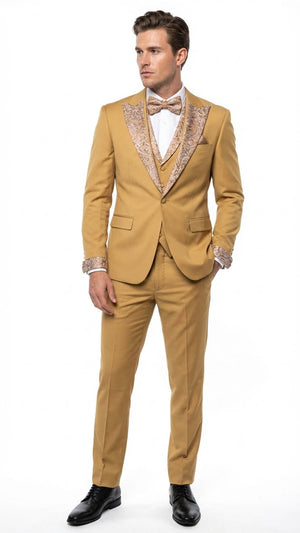 Men's Gold Embellished Tuxedo Suit  Bowtie  Slim Fit Jacket, Vest and Tailored Pants