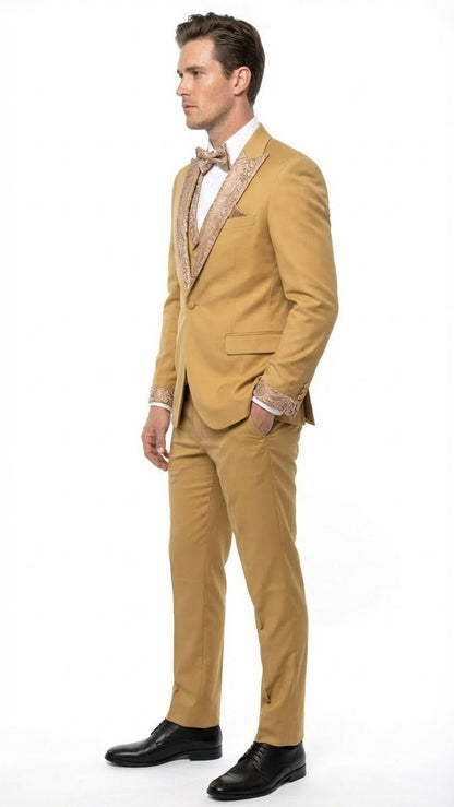 Men's Gold Embellished Tuxedo Suit  Bowtie  Slim Fit Jacket, Vest and Tailored Pants