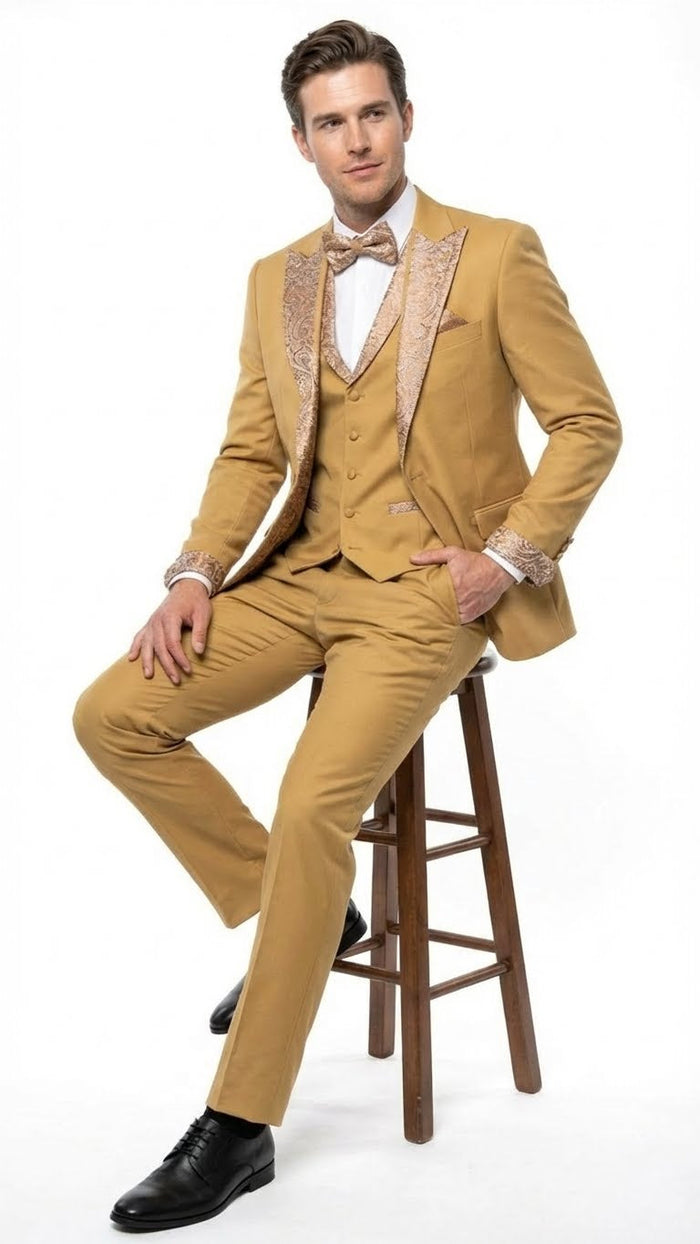 Men's Gold Embellished Tuxedo Suit  Bowtie  Slim Fit Jacket, Vest and Tailored Pants