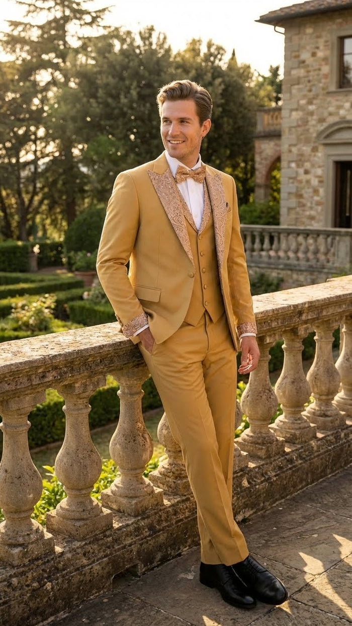 Men's Gold Embellished Tuxedo Suit  Bowtie  Slim Fit Jacket, Vest and Tailored Pants