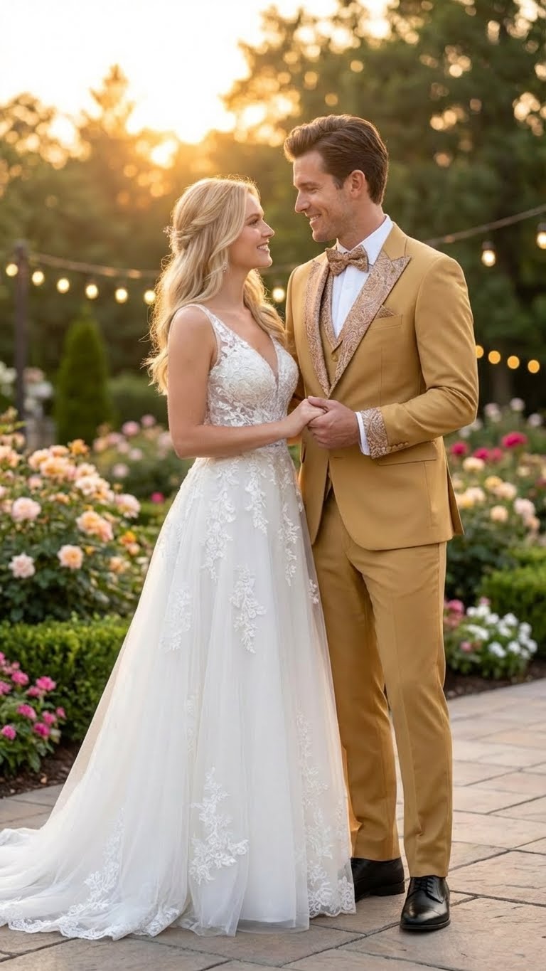 Men's Gold Embellished Tuxedo Suit  Bowtie  Slim Fit Jacket, Vest and Tailored Pants