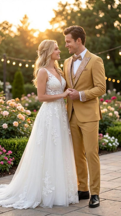 Men's Gold Embellished Tuxedo Suit  Bowtie  Slim Fit Jacket, Vest and Tailored Pants