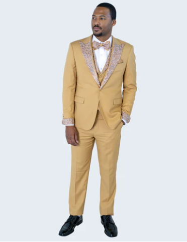 Men's Gold Embellished Tuxedo Suit  Bowtie  Slim Fit Jacket, Vest and Tailored Pants