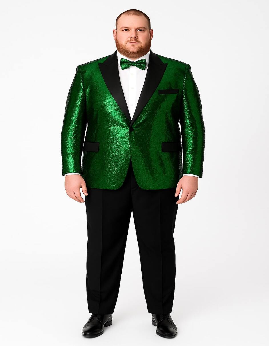 Men's Green Sequin Tuxedo Jacket with Black Satin Lapel and Bow Tie  Sparkling Party and Stage Blazer By Alberto Nardoni